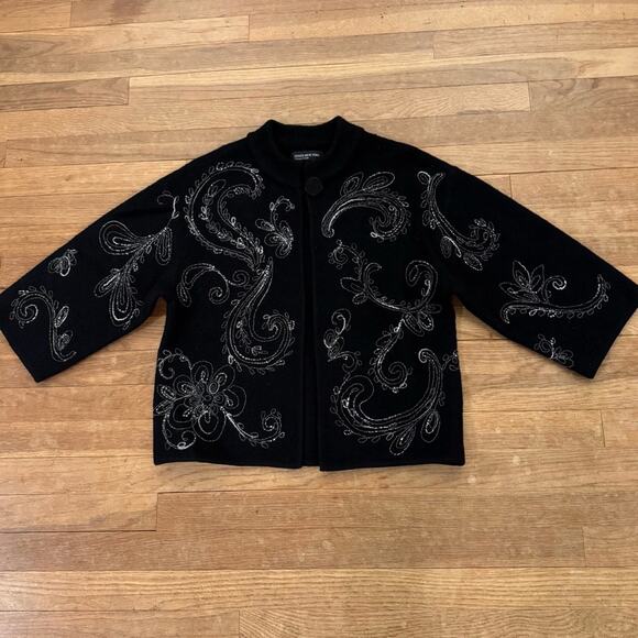 Jones New York 100% wool black white embroidered open front sweater small S
 b35 - Picture 1 of 4